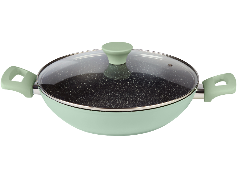 Light green cooking pot with a speckled non-stick interior and a glass lid.
