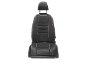 Black car seat cover with white detailing and an adjustable headrest.