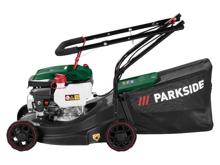 Green and black lawnmower with an engine and a grass collection bag.