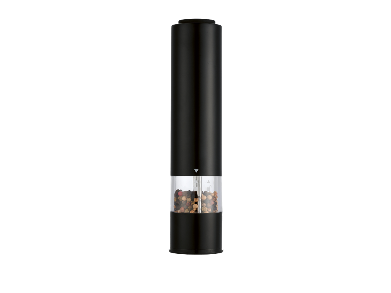 Black electric pepper mill with a clear chamber filled with colorful peppercorns