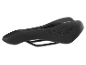 Black bicycle saddle with an ergonomic design and embossed details.