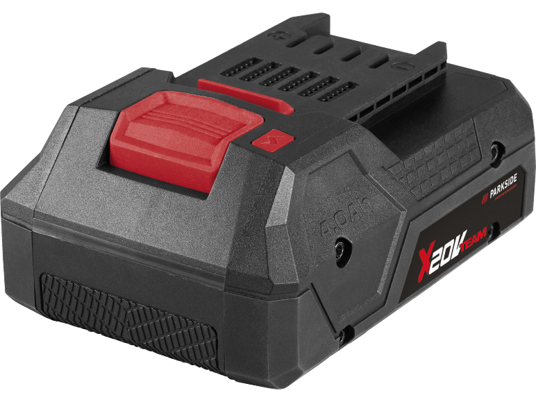 Black and red 20V 4.0Ah power tool battery with textured grip.