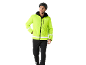 Man in a neon yellow cycling jacket, black trousers, and a bicycle helmet.