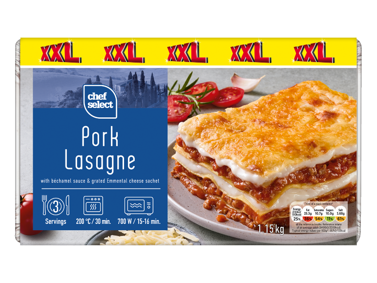 XXL pork lasagna with béchamel sauce and Emmental cheese, 1.15kg, 3 servings.