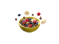 Bowl of cereal with milk, raspberries, blueberries, and banana, with fruits floating around.