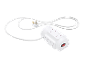 White extension lead with six sockets and a switch, with a long cable and a three-pin plug.
