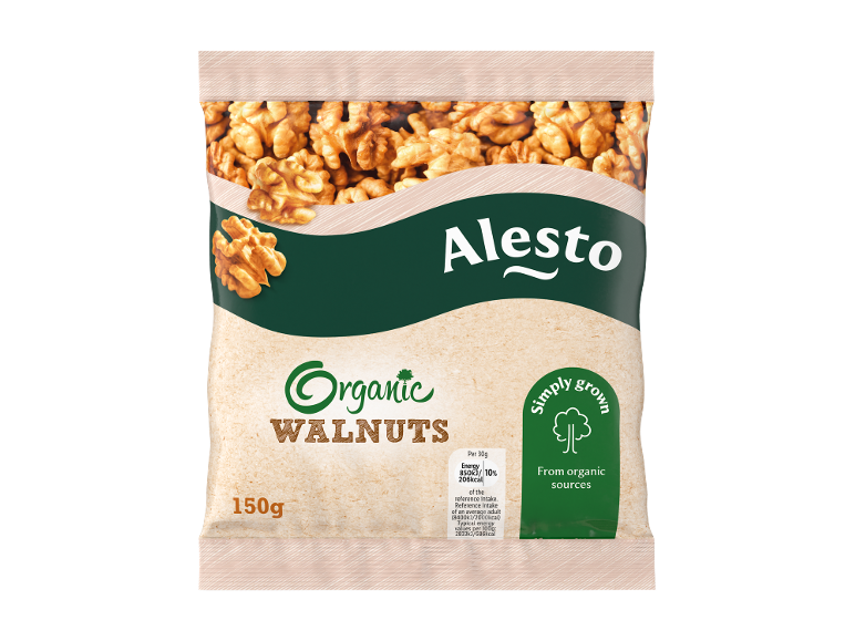 Pack of organic walnuts, 150g, with nutritional information.
