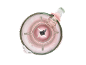 Top-down view of a blender with metal blades and pink details.