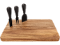 Wooden cutting board with three black cheese knives.