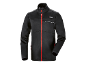 Black softshell jacket with a red zipper and white details.