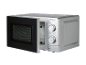 Silver microwave oven with open door and control dials for power and timer.