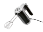 Black hand mixer with silver accents and attached beaters.