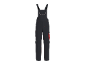 Dark grey overalls with red stitching and accents, including pockets and adjustable straps.