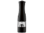 Black electric pepper or salt mill with a transparent chamber and silver accents.
