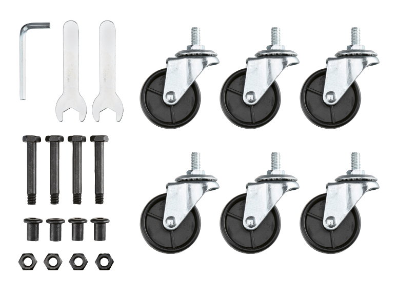 Set of swivel casters with tools and screws for assembly.