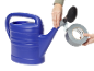 Blue watering can, shower head, and roll of gray duct tape.