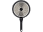 Bottom of a frying pan with an induction base and black handle.