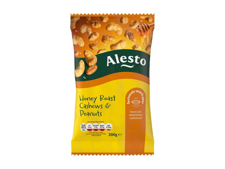 Honey roast cashews and peanuts, with nutritional information on the packaging.