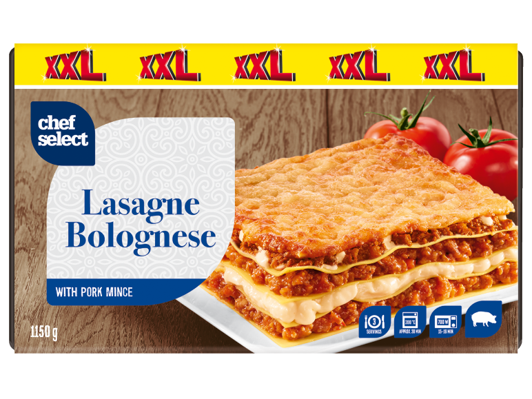 XXL Lasagne Bolognese with pork mince, 1150g, 3 servings, ready for oven or microwave.