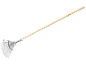 Leaf rake with a wooden handle and metal tines.