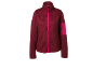 Women's burgundy fleece jacket with fuchsia zipper and sleeve detail.