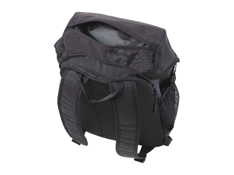 Black backpack with an open zipper and padded back.