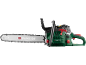 Green and black petrol chainsaw with a silver bar and chain.