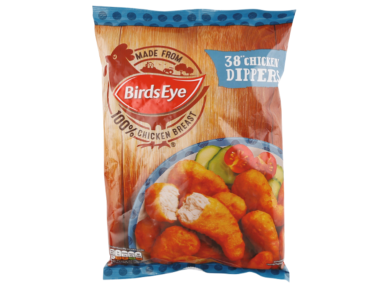 Bag of chicken dippers with branding, '38 Chicken Dippers' and '100% Chicken Breast'.