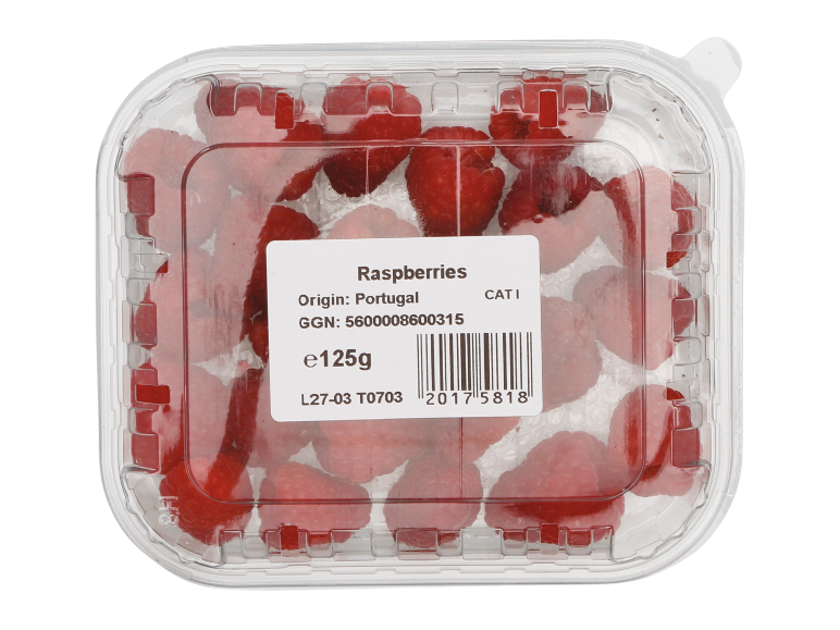 A clear plastic container filled with fresh raspberries, labeled with origin Portugal, 125g.