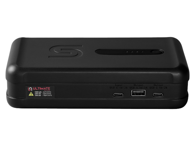 Black portable power bank with USB-C and USB-A ports, displaying capacity and voltage.