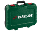 Green tool case with red latches and a black handle.