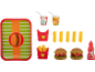 Toy food set with tray, burgers, fries, drinks, and ketchup.