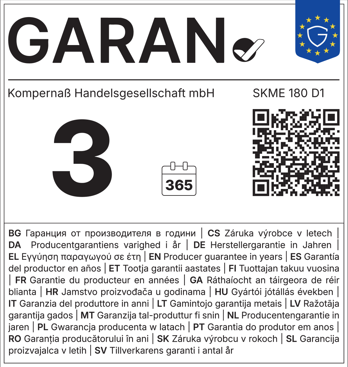 Warranty badge: 3 years manufacturer guarantee, 365 days, Kompernaß Handelsgesellschaft mbH, SKME 180 D1.
