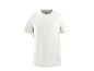 White short-sleeved T-shirt with a round neck and gray stitching.