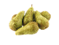 A pile of speckled green and brown pears on a black background.