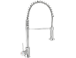 Chrome kitchen faucet with pull-down sprayer and spring hose.