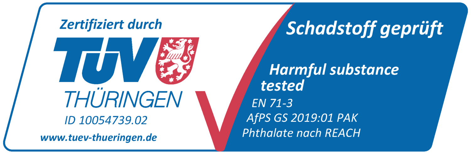 Seal: Certified by TÜV Thüringen, ID 10054739.02, Harmful substance tested EN 71-3, AfPS GS 2019:01 PAK, Phthalates according to REACH.