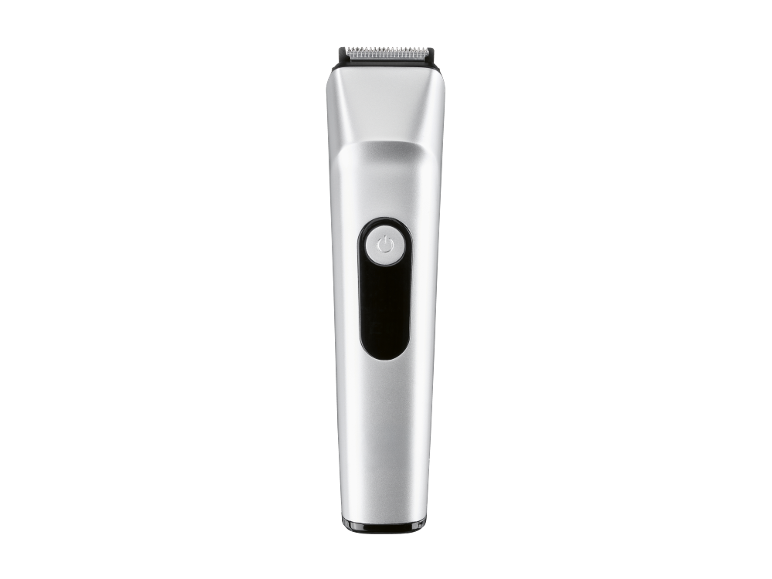 Silver hair clipper with a black power button on a black background.