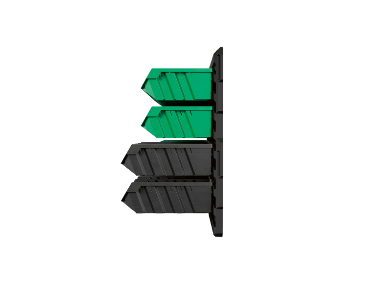 Four storage bins, two green and two black, stacked vertically on a black rack.