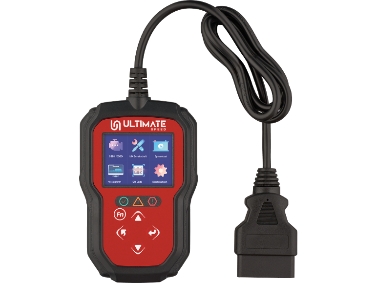 Car diagnostic tool with screen showing OBD II/EOBD, Systemtest, and Settings options.
