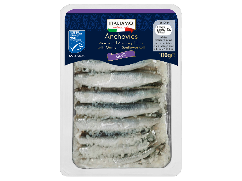 Marinated anchovy fillets with garlic in sunflower oil, 100g pack.