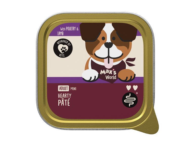 Dog food can with poultry and lamb, approved by vets, for adult mini dogs.