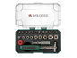 Tool set with a ratchet, bits, and sockets in a clear case.