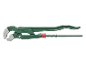 Green pipe wrench with serrated jaws and an adjustable red knob.