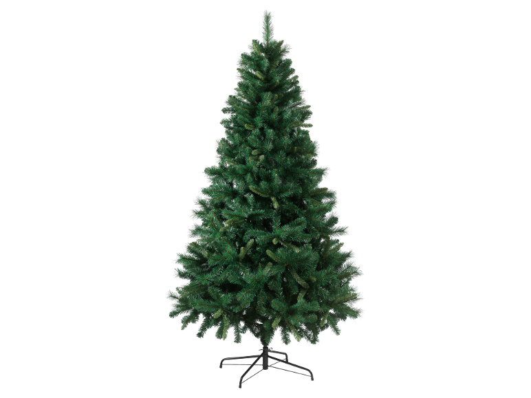 Artificial Christmas tree with a metal stand on a black background