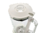 Top part of a blender with a white lid and liquid measurement markings.
