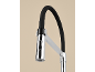 Chrome kitchen faucet with black flexible spout and pull-out sprayer.