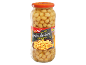 A glass jar of chickpeas with a label that says 'Grão-de-bico Chickpeas' and '540 g'.