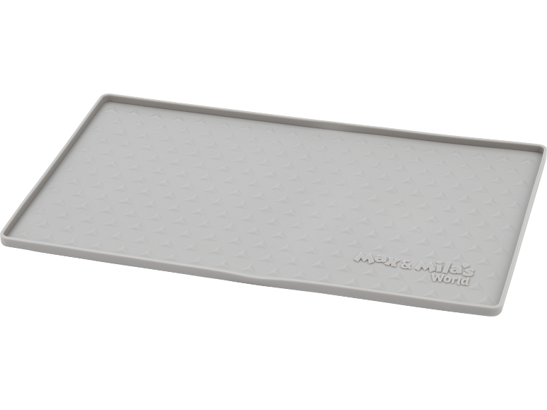 Gray silicone mat with a triangular pattern and the text 'Max & Mila's World'.