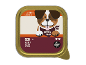 Packaging for small adult dog pâté with poultry and vegetables, featuring a cartoon dog.